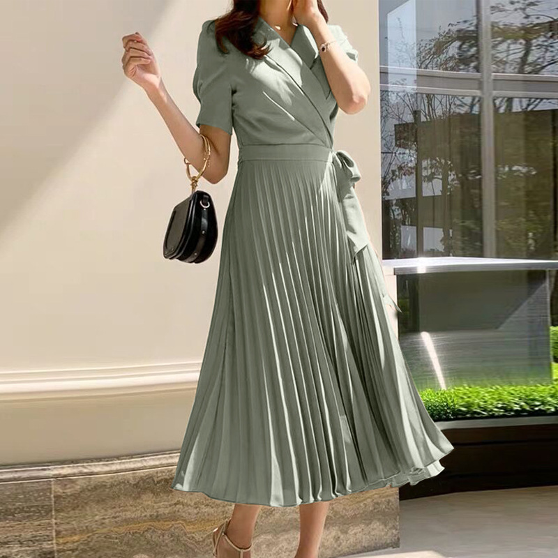 French over-knee bow strap medium and long high-waisted pleated chiffon retro dr